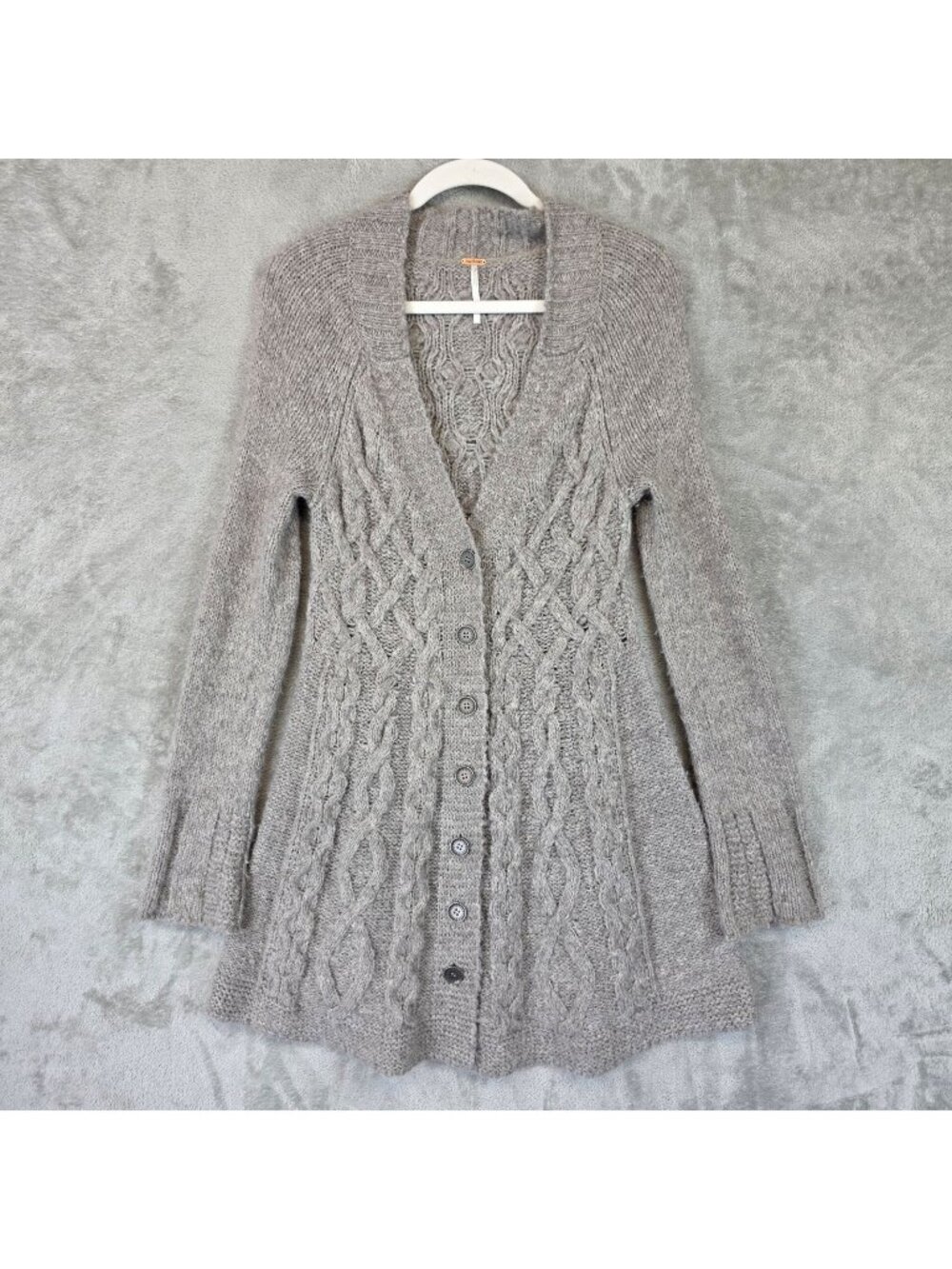 Free People Cardigan Sweater Womens S Gray Cable Knit Button Front Longline